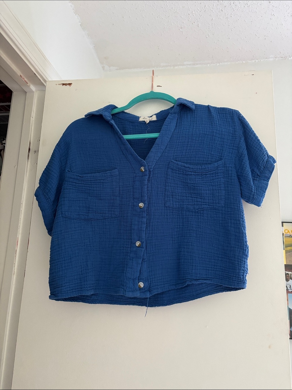 Boxy Button-Front Gauze Shirt Jacket in Cobalt Blue